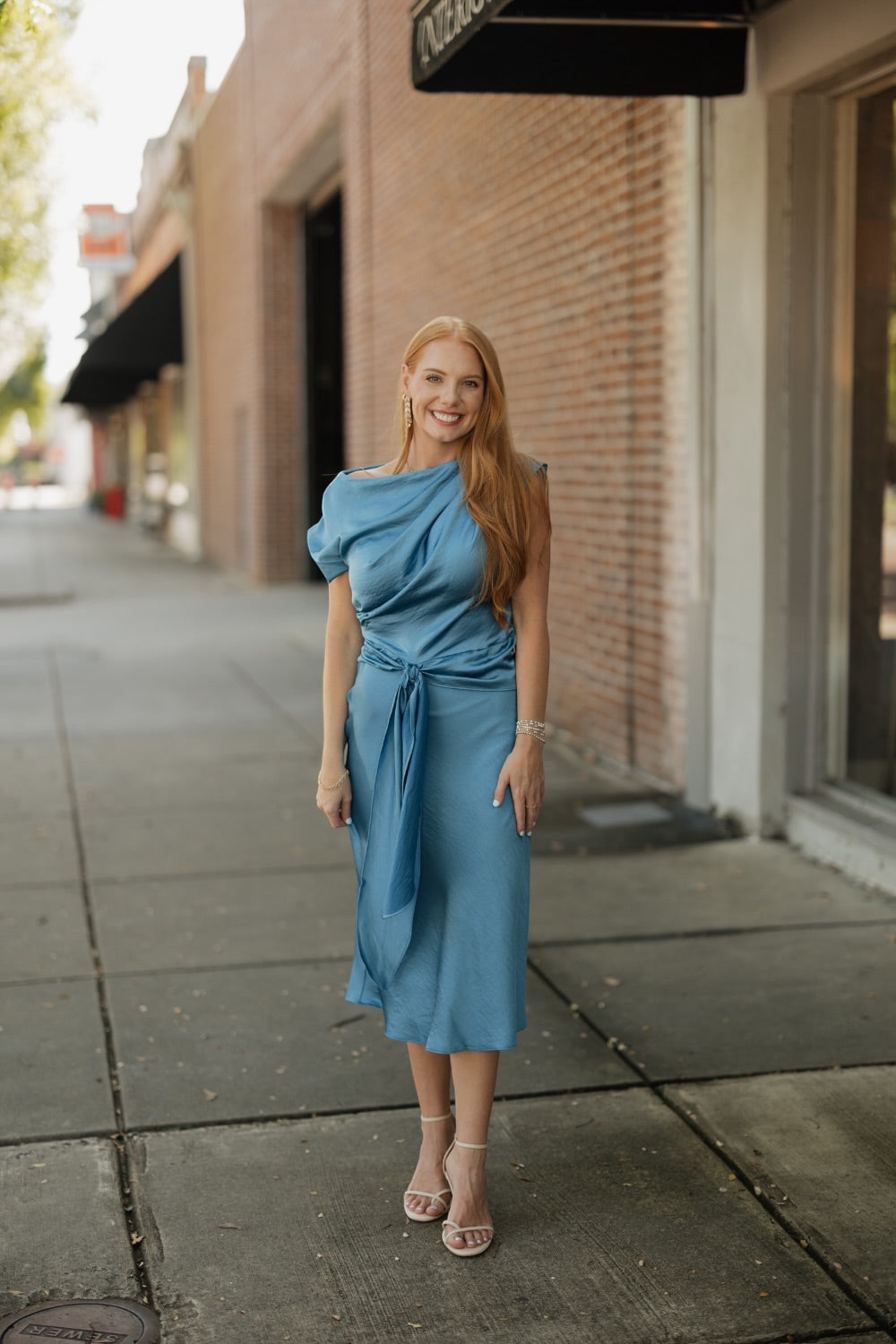 Twyla Blue Satin Tie Waist Midi Dress