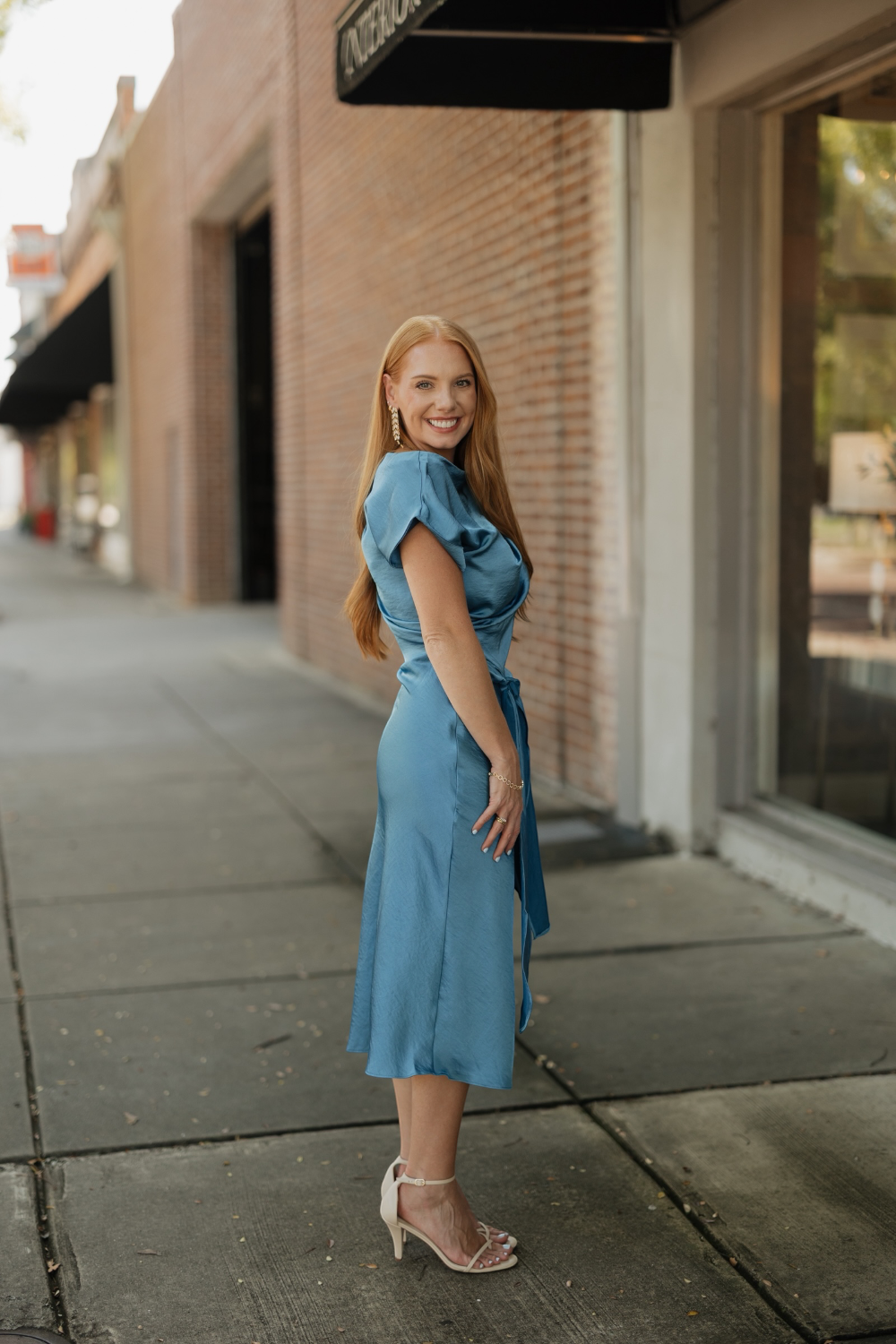 Twyla Blue Satin Tie Waist Midi Dress