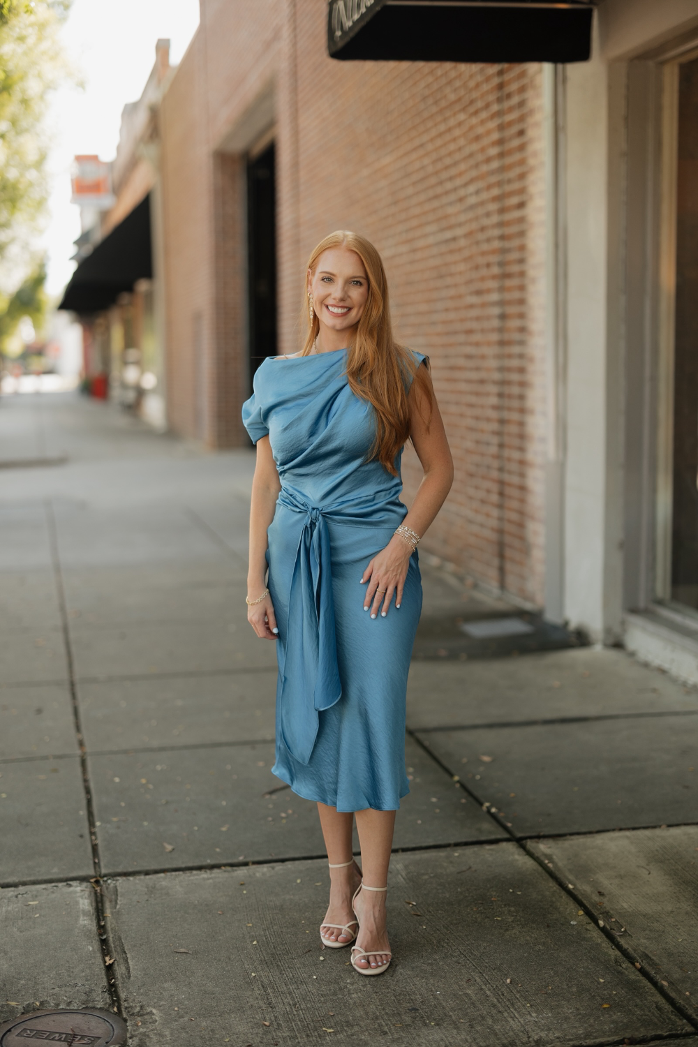 Twyla Blue Satin Tie Waist Midi Dress