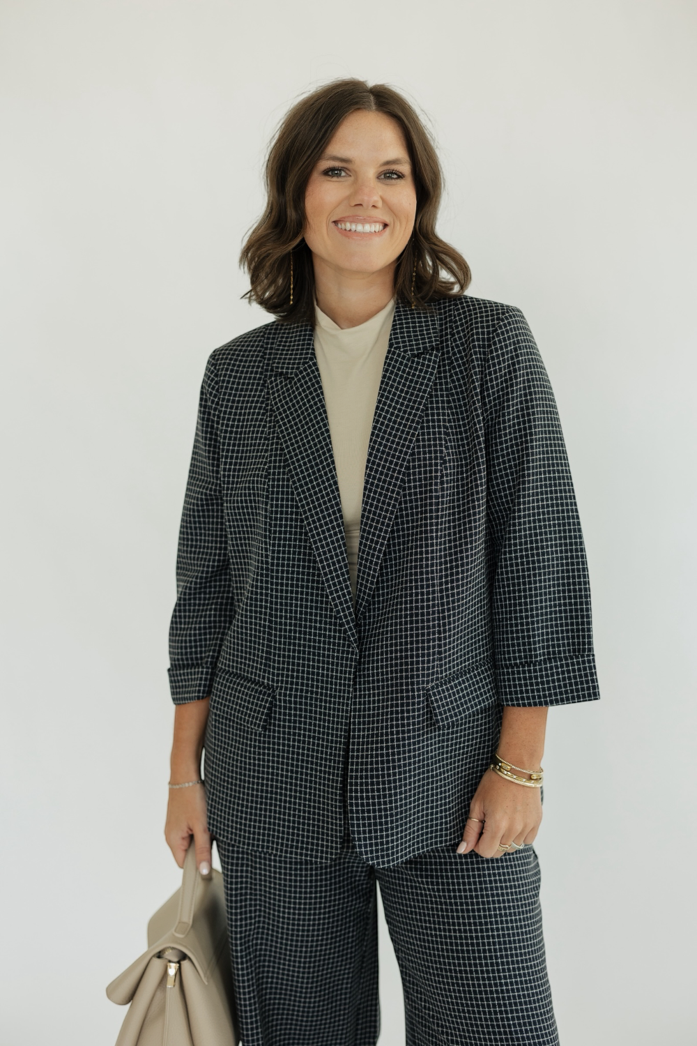 Bettie Navy Grid Print 3/4 Sleeve Blazer (XS-XL)