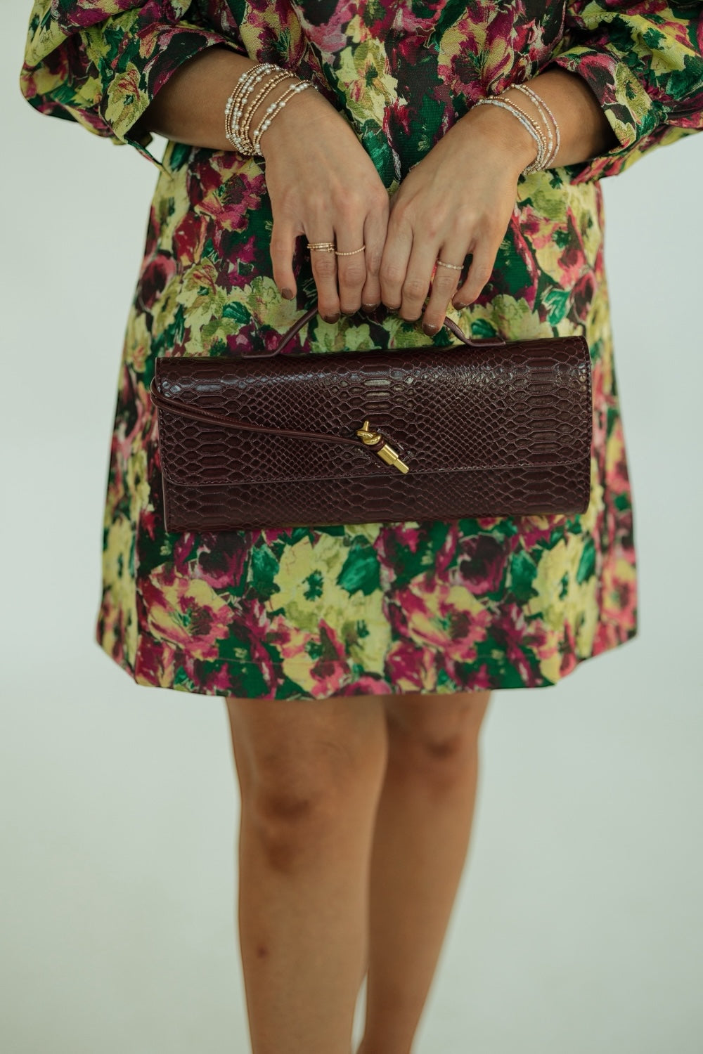 Burgundy Snake Embossed Leather Clutch