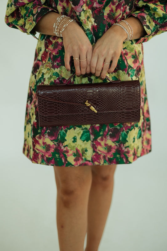 Burgundy Snake Embossed Leather Clutch
