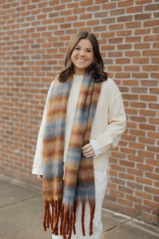 Coffee Multi Color Striped Fringe Knit Scarf