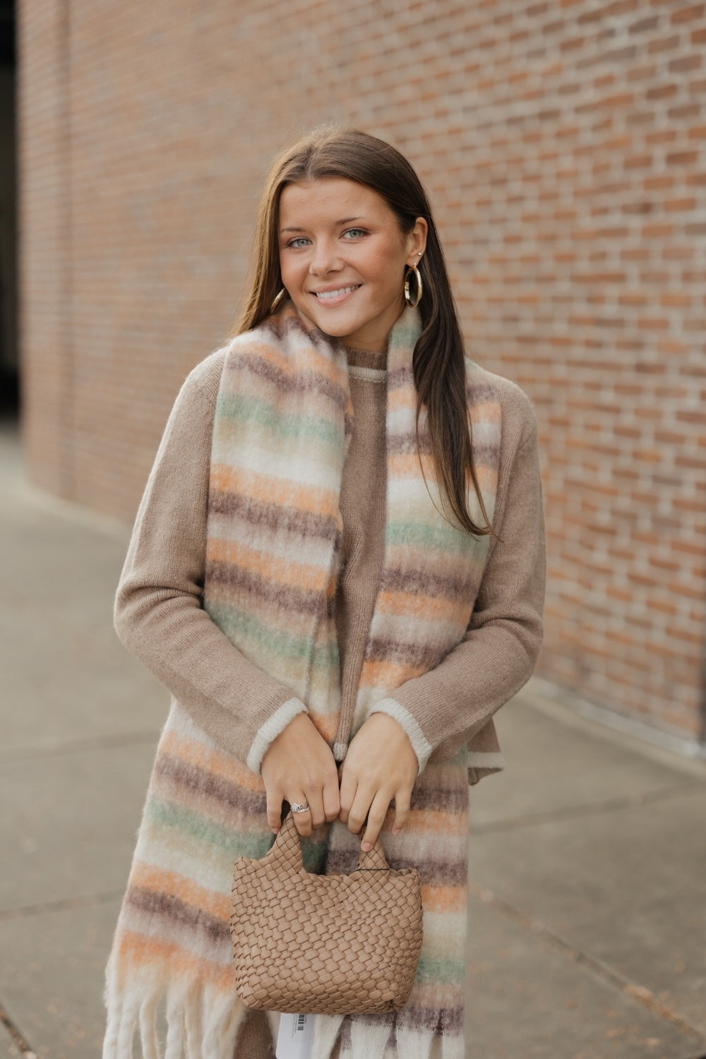 Khaki Multi Color Striped Fringe Knit Scarf