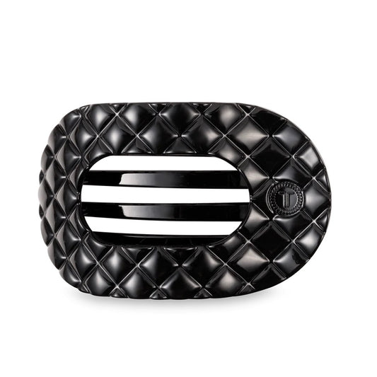 Large Jet Black Quilted Flat Round Hair Clip