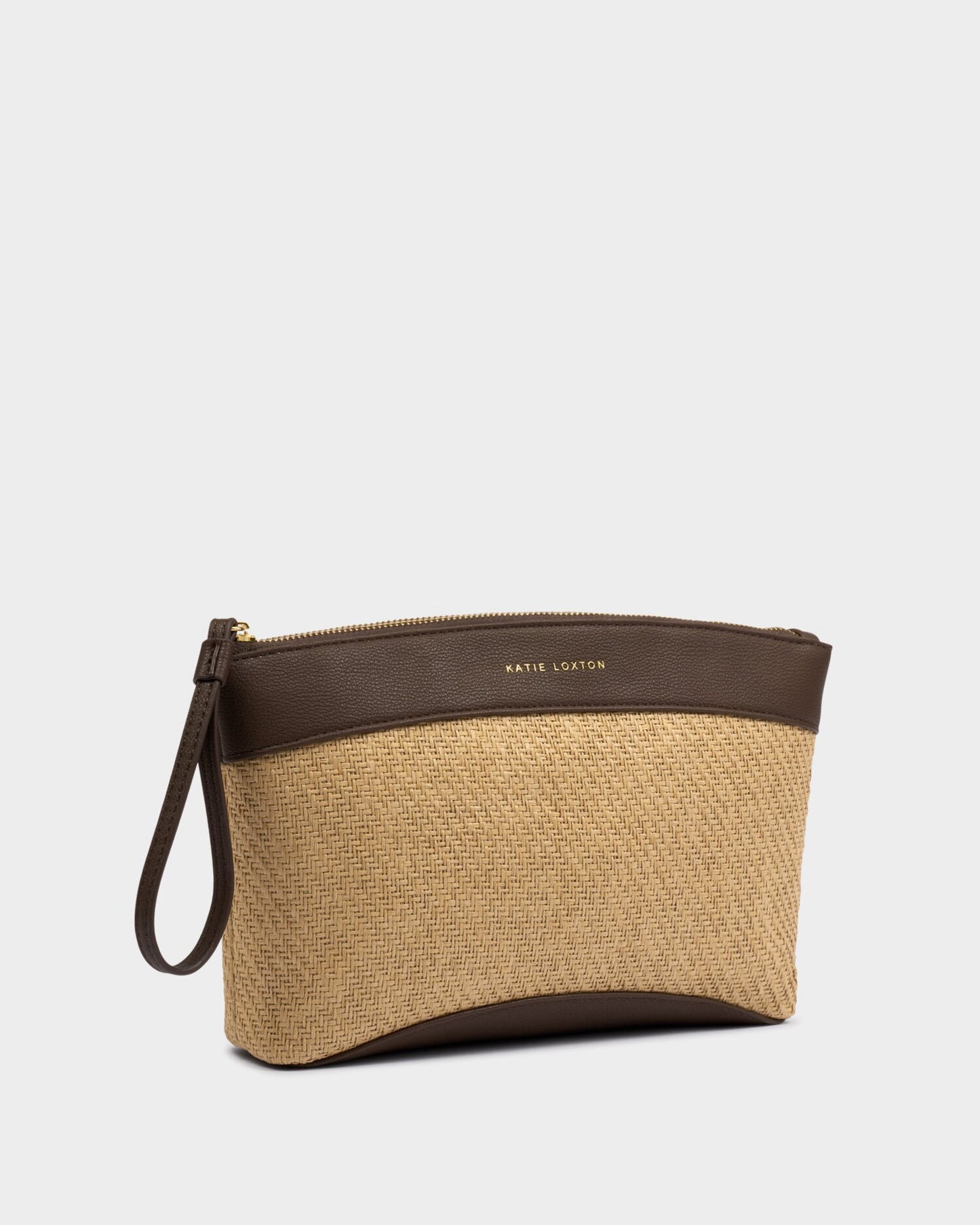 Wristlet Clutch in Natural Raffia & Bitter Chocolate
