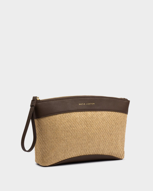 Wristlet Clutch in Natural Raffia & Bitter Chocolate