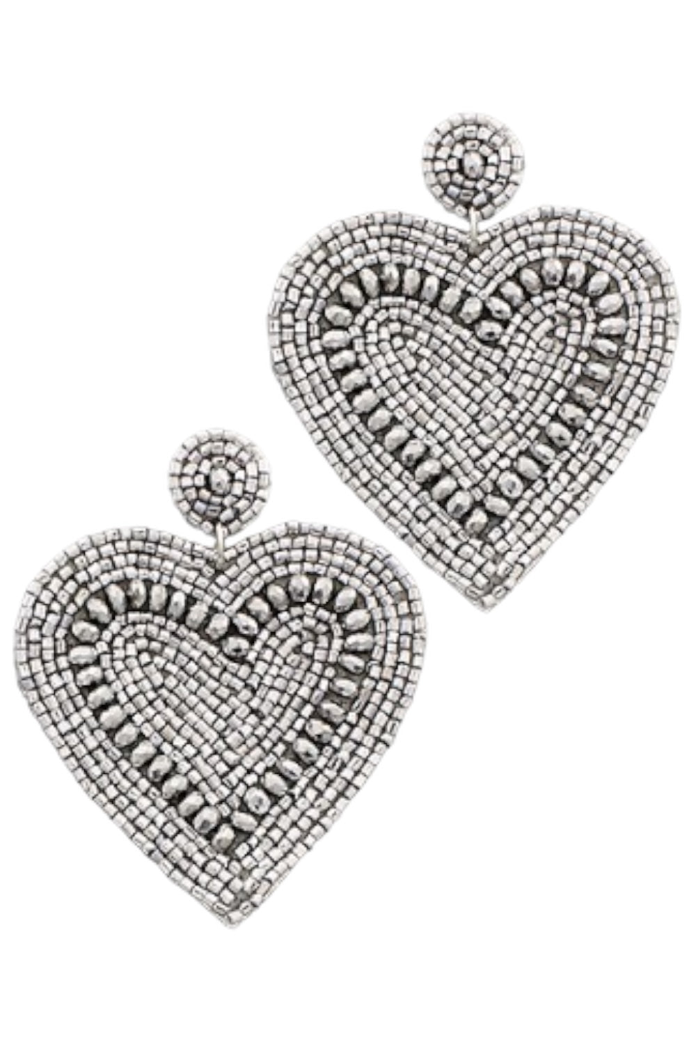 Silver Seed Bead Heart Earrings