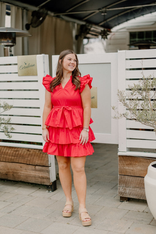 Cherry Red Ruffle Sleeve Tie Waist Dress