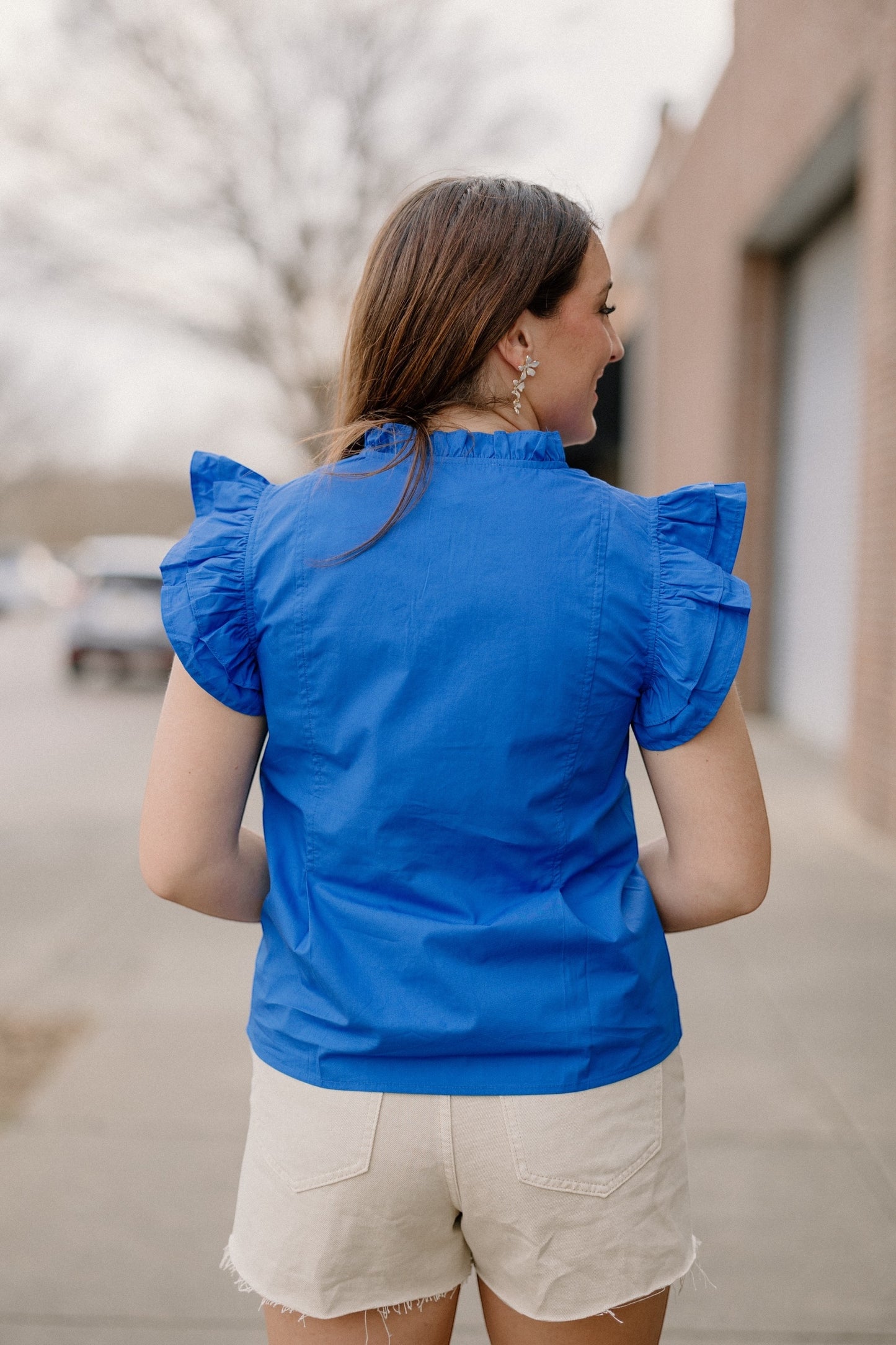 Reagan Ruffle Front Top in Blue