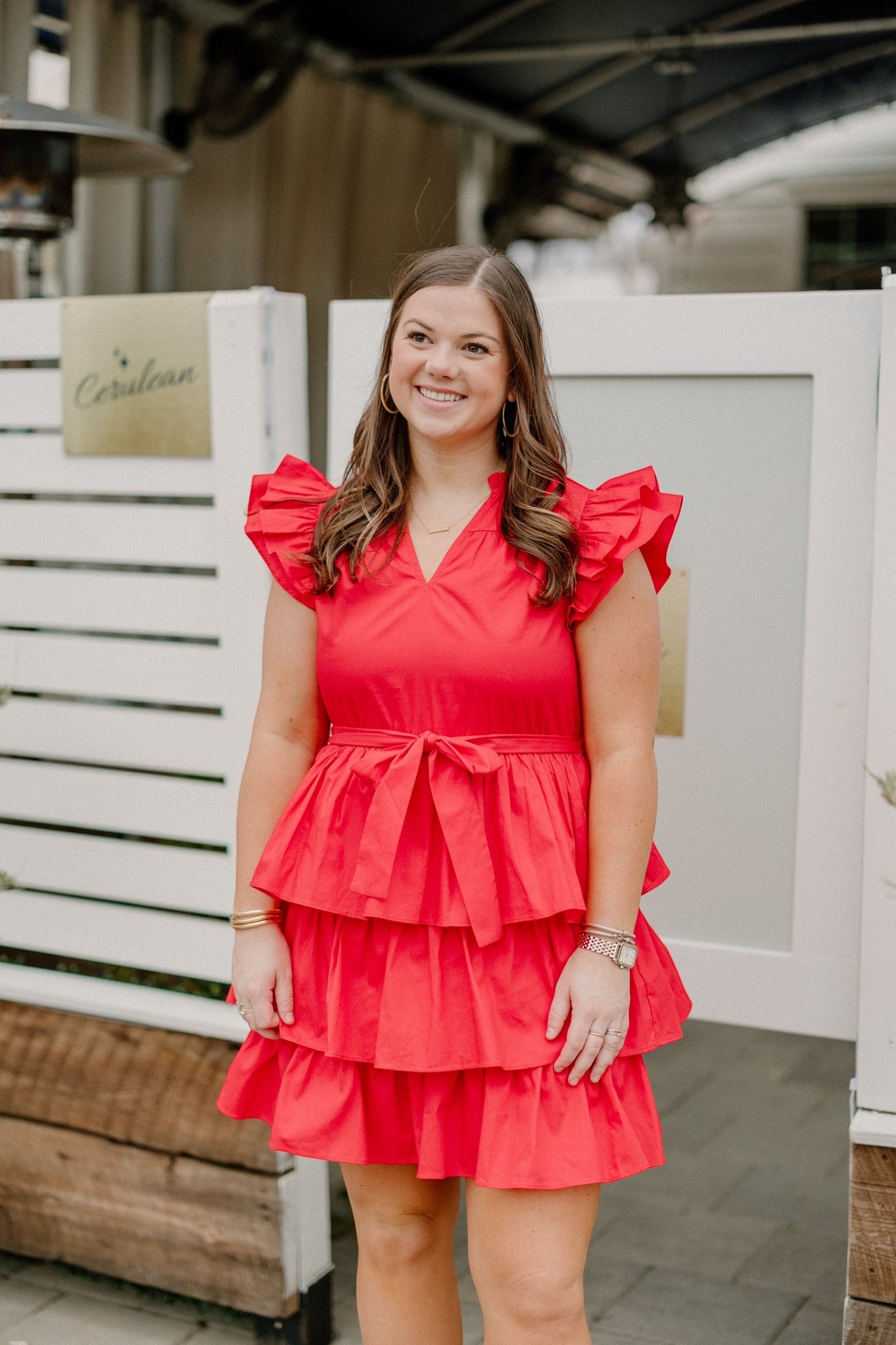 Cherry Red Ruffle Sleeve Tie Waist Dress