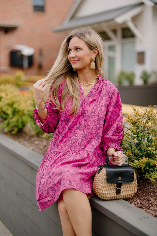 Paisley Print Tiered Dress in Pink