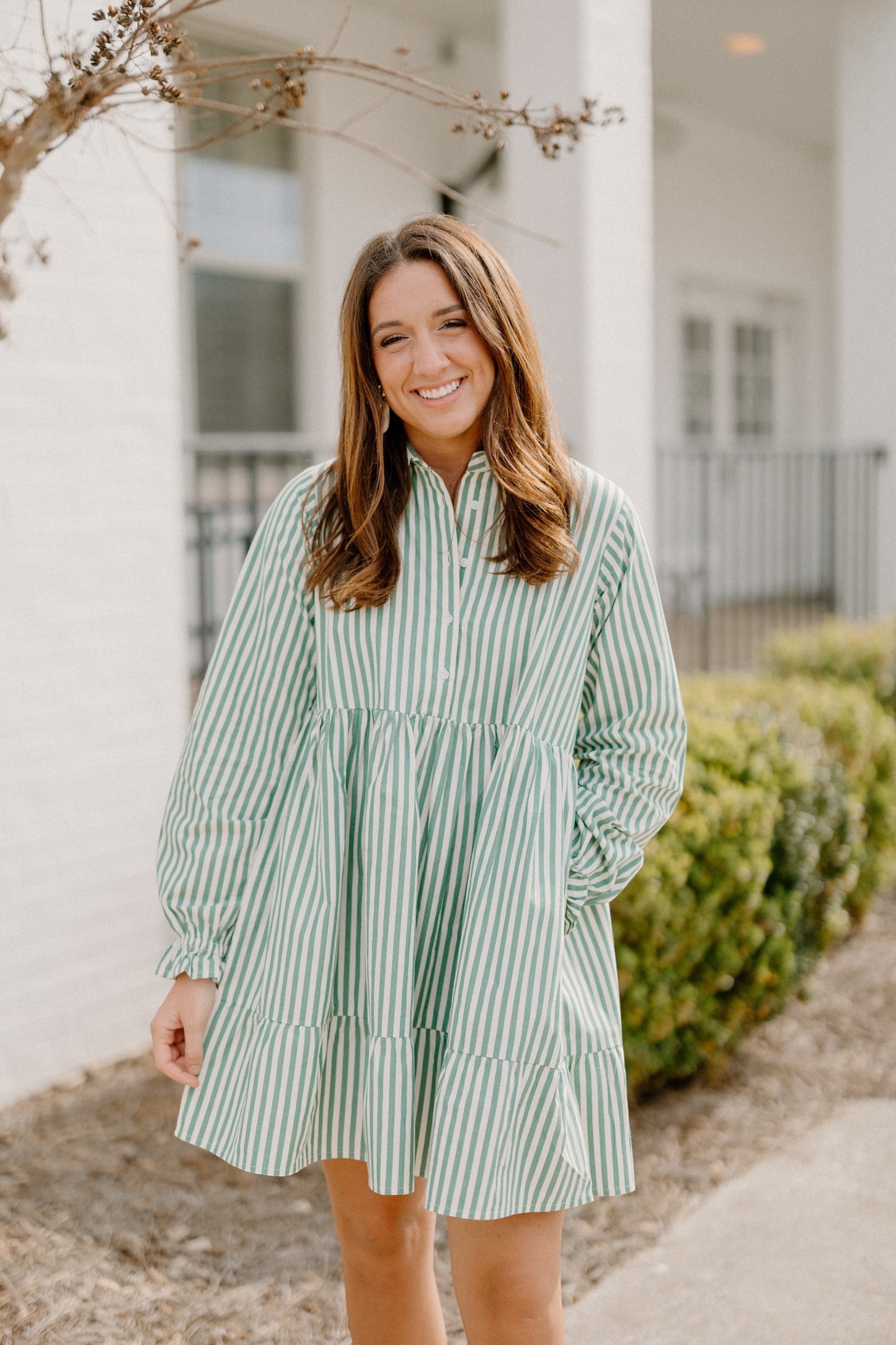Aleesha Swing Dress in Green Cabana Stripes by Able Clothing