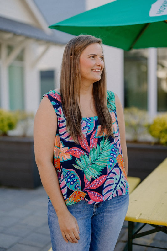 Tropical Navy Print Square Neck Tank