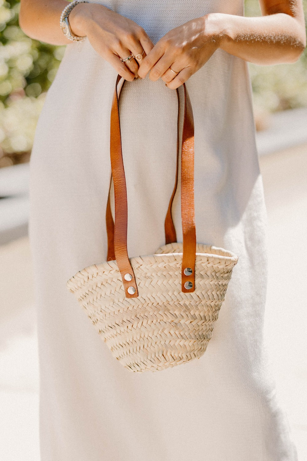 Mini straw bag with leather with Cognac Straps by Marrakech