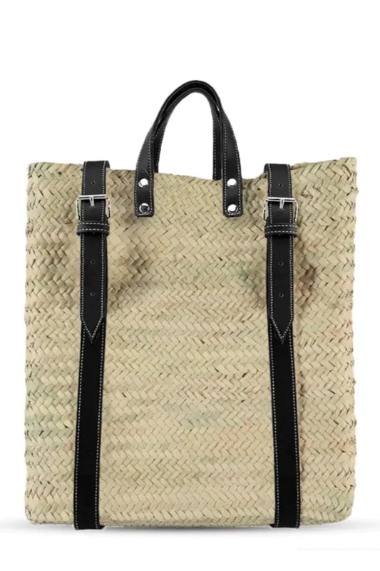 Straw Backpack with Long Leather Straps in Black