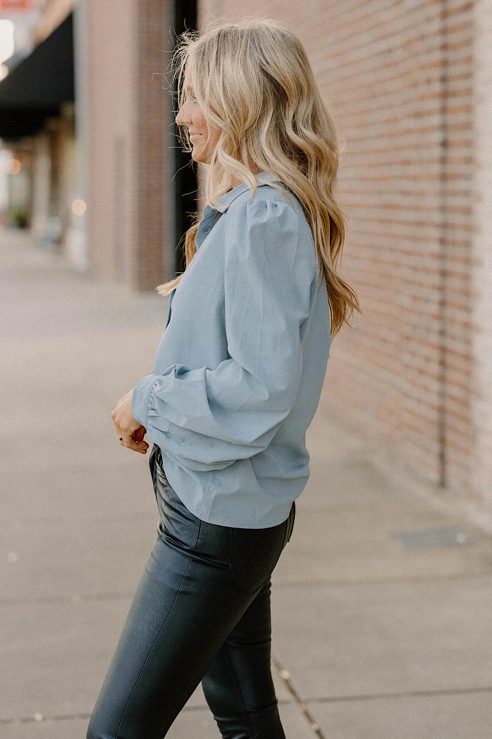 Sadie Soft Leather Button Up in Baby Blue