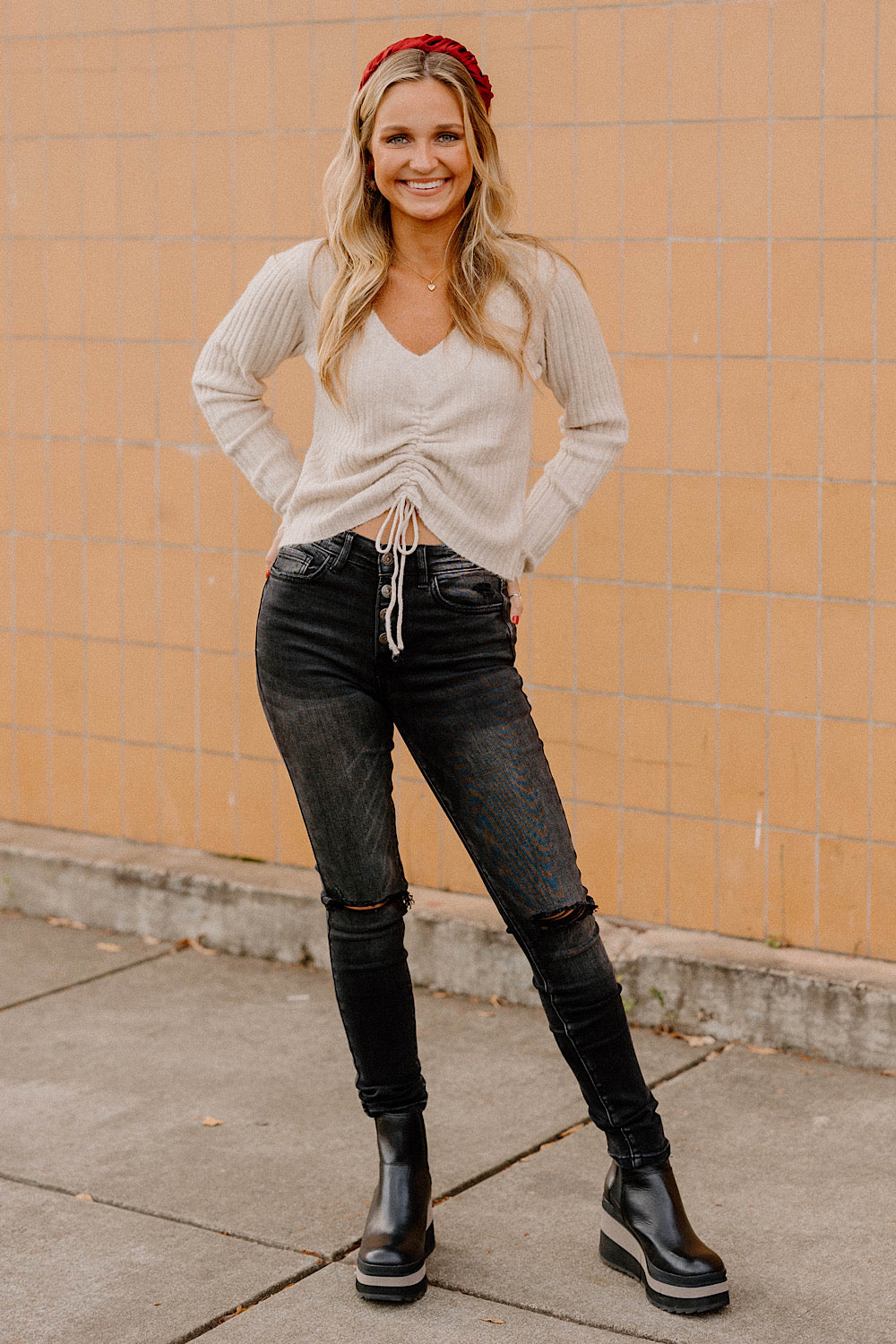 Amanda Ruched V-Neckline Sweater (Sizes XS-3XL)